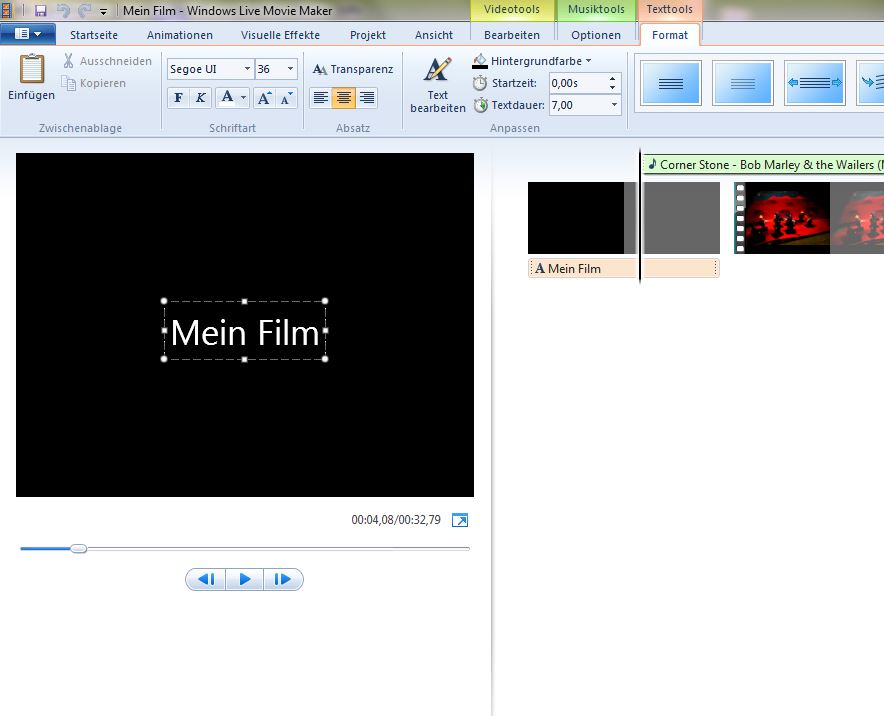 Screenshot eines „Filmprojekts“, das gerade mit dem Windows Live Movie Maker bearbeitet wird.