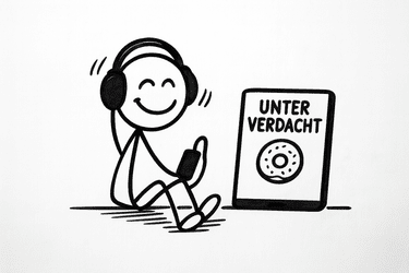 Ein Strichmännchen hört das Hörspiel "Unter Verdacht".