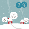Adventskalender 2018 14 Schneelandschaft mit Bäumen und Häusern und Ziffer 14