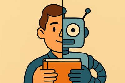 Ansichtsgrafik: Geteiltes Bild, auf der einen Hälfte ist ein Mensch zu sehen, die andere Hälfte ist ein Roboter. Beide halten zusammen ein Buch. Ansichtsgrafik: Geteiltes Bild, auf der einen Hälfte ist ein Mensch zu sehen, die andere Hälfte ist ein Roboter. Beide halten zusammen ein Buch.