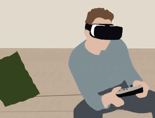 Mann mit VR-Brille und Spielkonsole auf einem Sofa