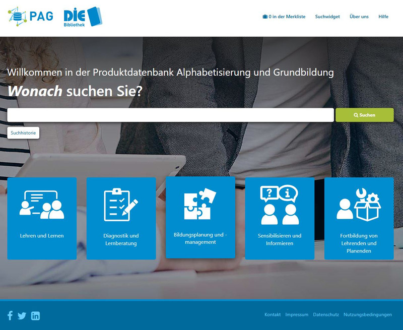 Hier ist die Startseite der Produktdatenbank Alphabetisierung und Grundbildung abgebildet.