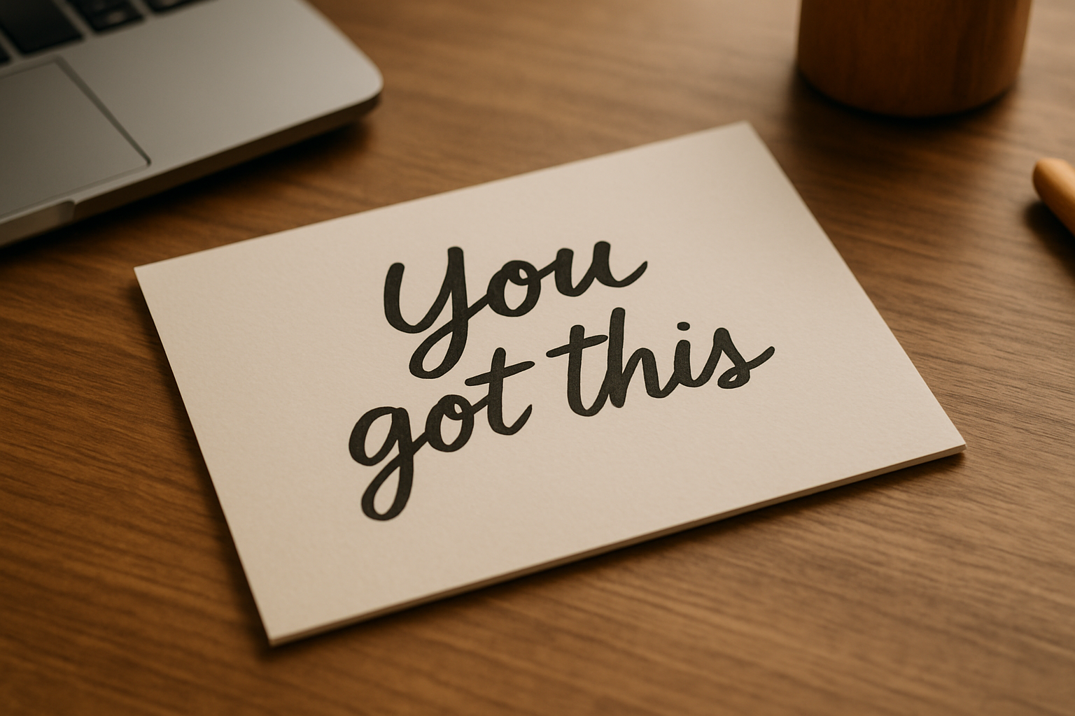 Beispielfoto eines Arbeitsplatzes; darauf steht ein Schild mit dem englischen Satz "You got this".
