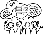 Das Bild zeigt vier gezeichnete Personen, die miteinander zu diskutieren scheinen: Über ihnen ist eine große gemeinsame Sprechblase mit verschiedenen stilisierten Grafiken und Bildern gezeichnet.